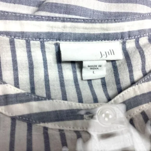 J Jill Fit Top Women L Gray White Cotton Stripe Roll Tab Sleeve High Low Tunic - Picture 10 of 11